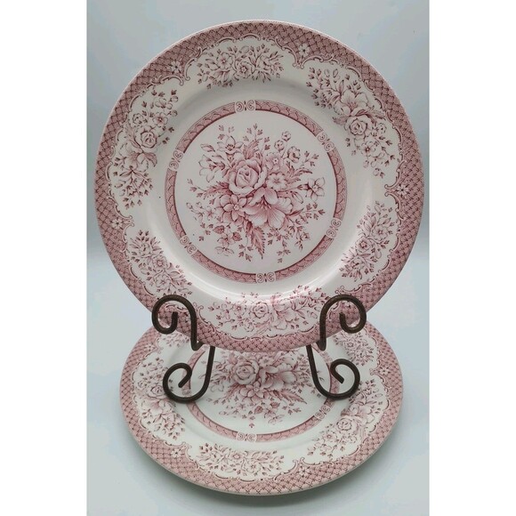 Vtg English Ironstone Kew Gardens Pink 2 Dinner Plates Crazing Flowers Rose - Picture 1 of 6